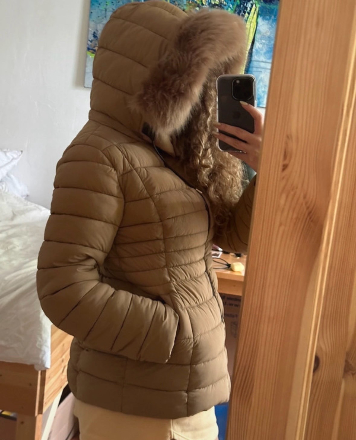 Brown Puffer Jacket with Faux Fur Hood