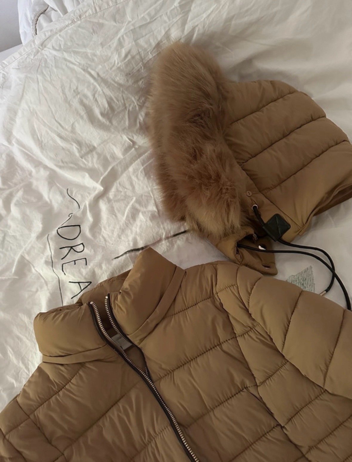 Brown Puffer Jacket with Faux Fur Hood