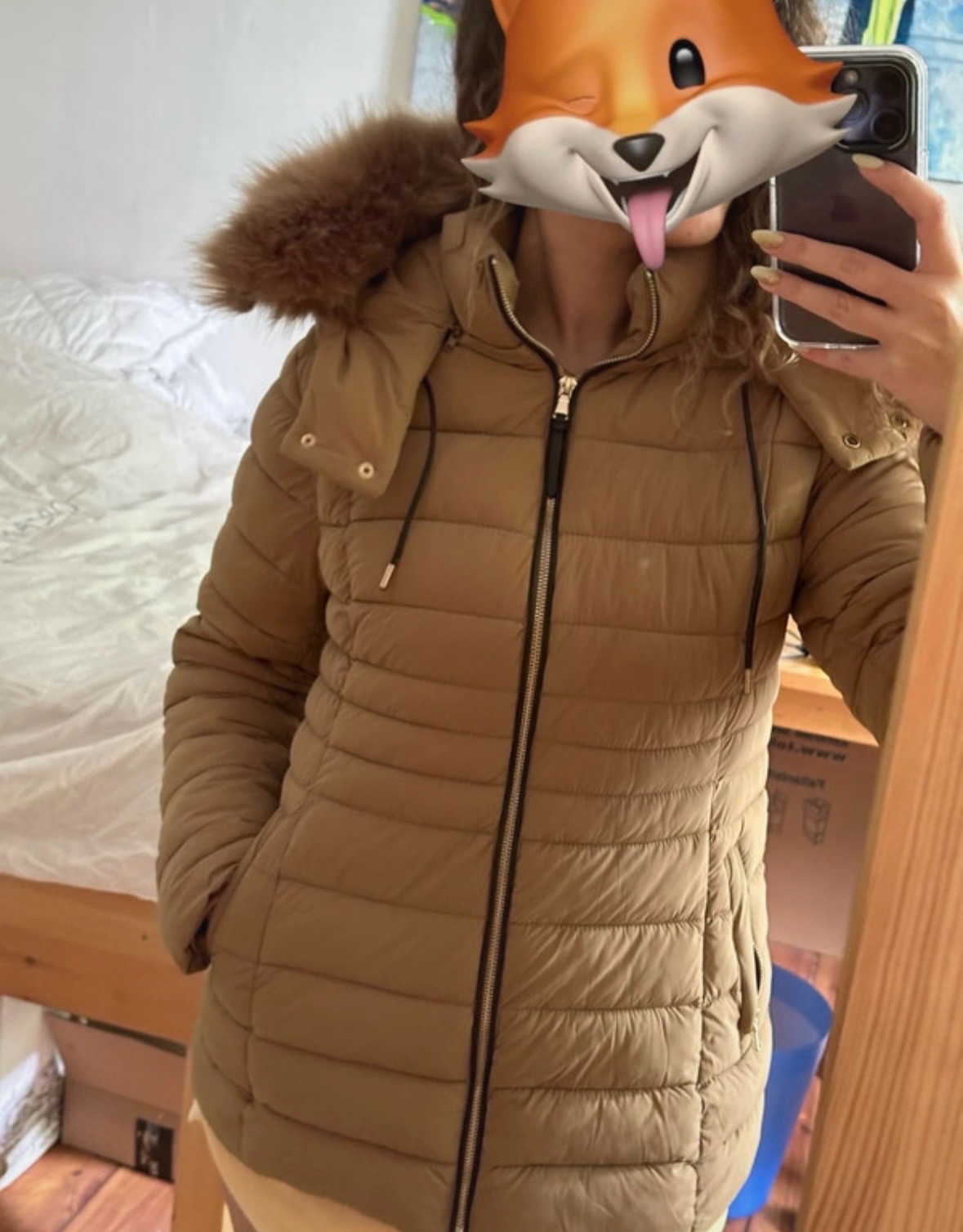 Brown Puffer Jacket with Faux Fur Hood
