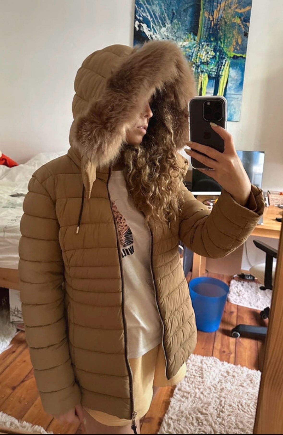 Brown Puffer Jacket with Faux Fur Hood