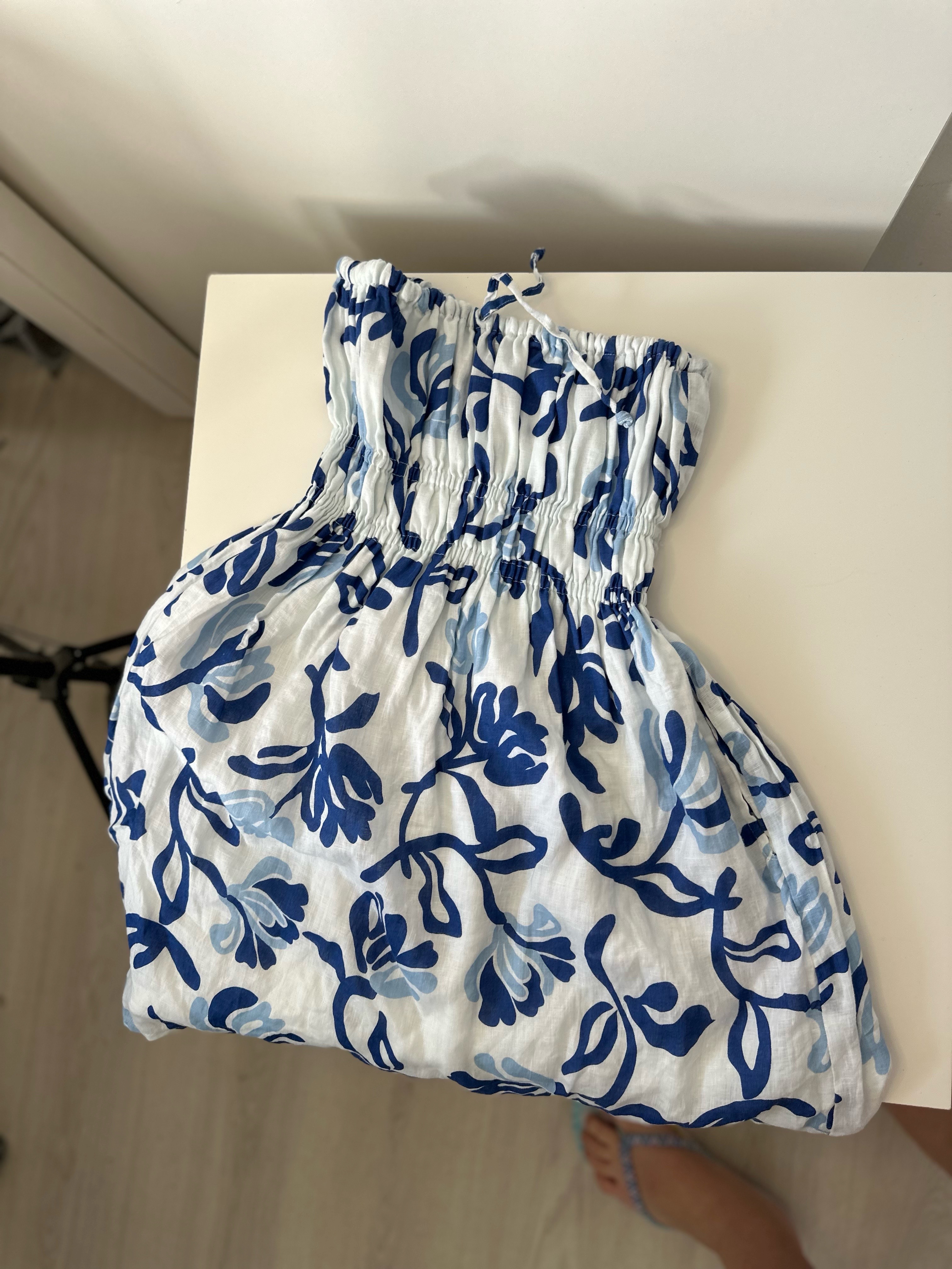 Blue and White Floral Strapless Dress