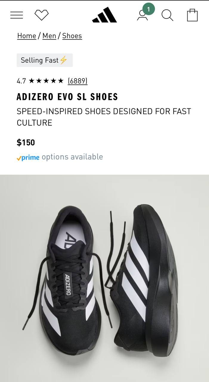 Adidas Adizero Evo SL running shoes, size 42
