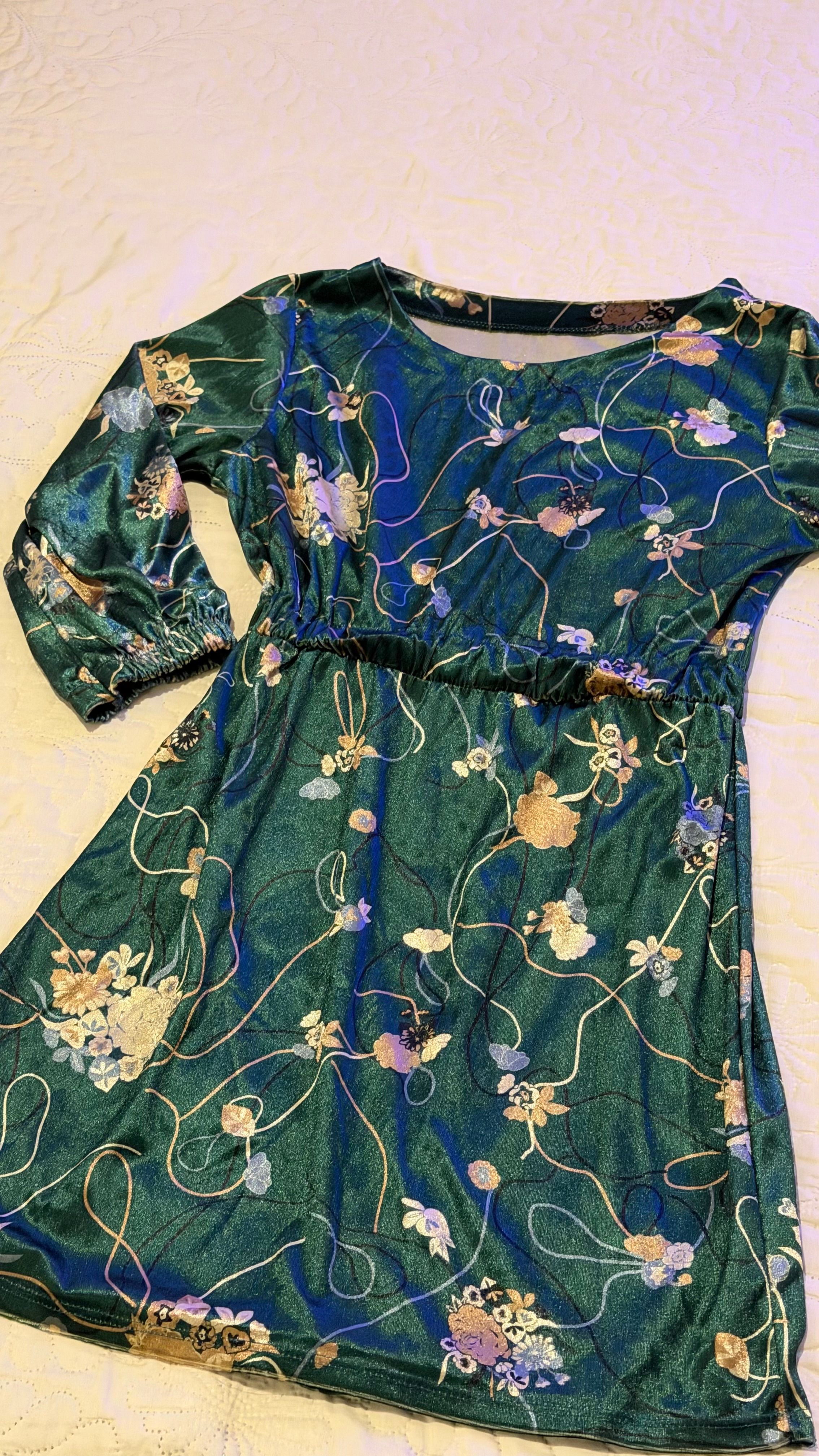 Green Floral Velvet-Look Dress