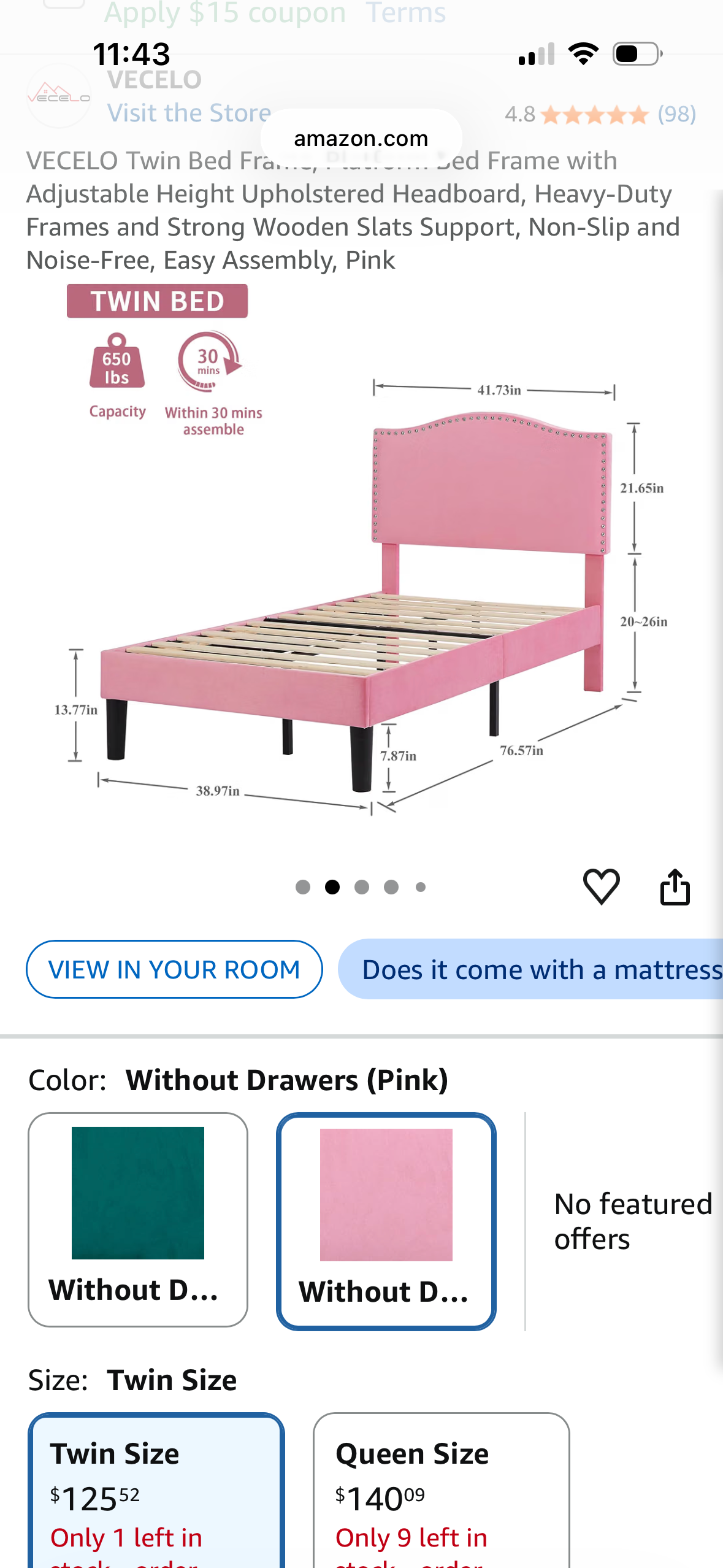 (2)VECELO Twin Pink Upholstered Bed Frame