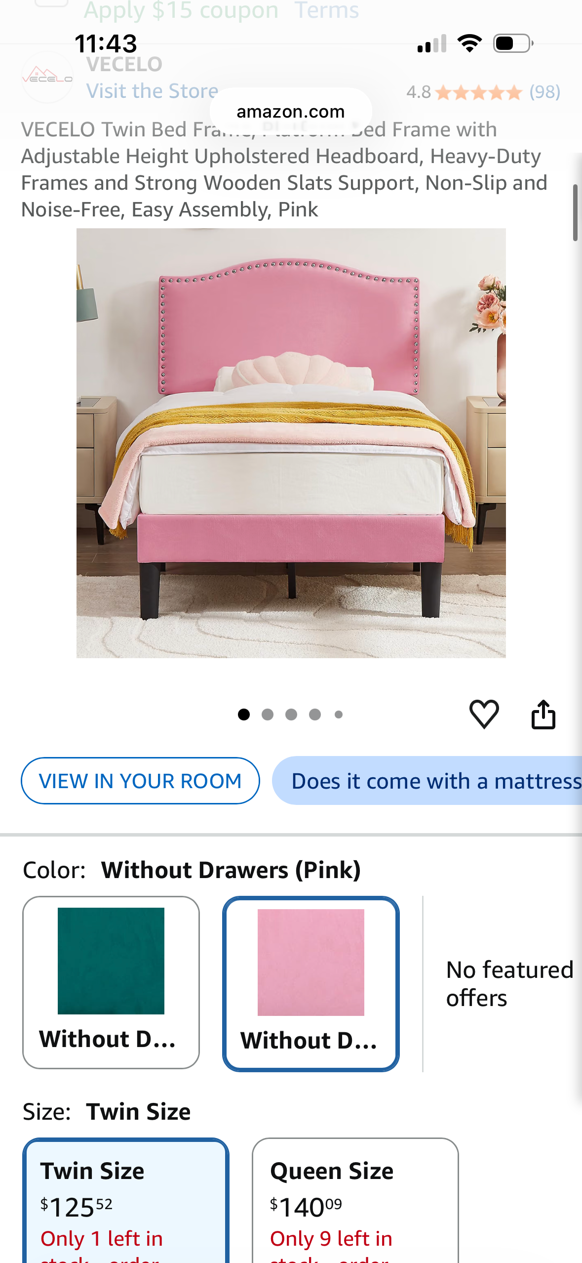 (2)VECELO Twin Pink Upholstered Bed Frame