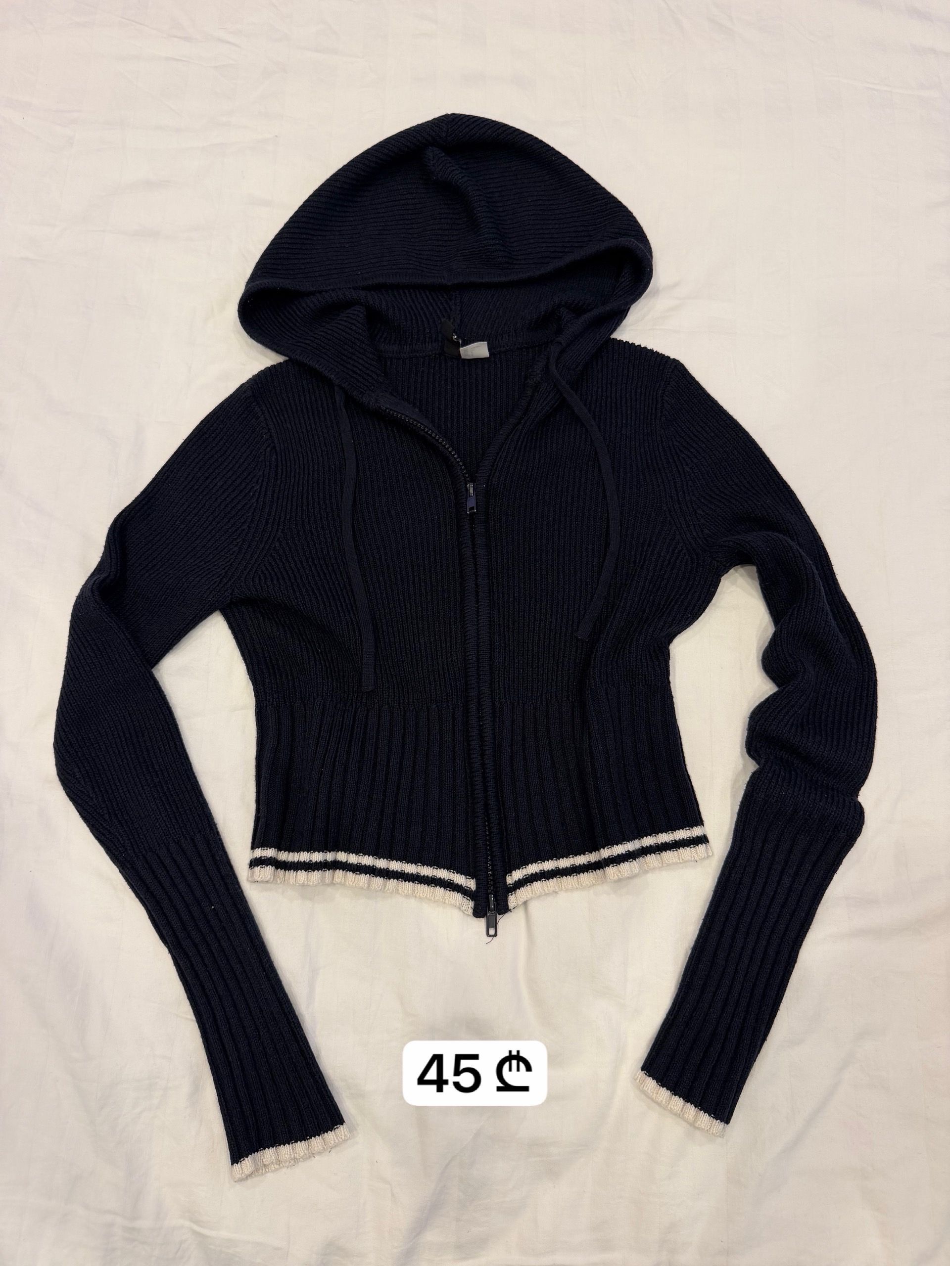 Dark Blue Ribbed Knit Zip-Up Hoodie