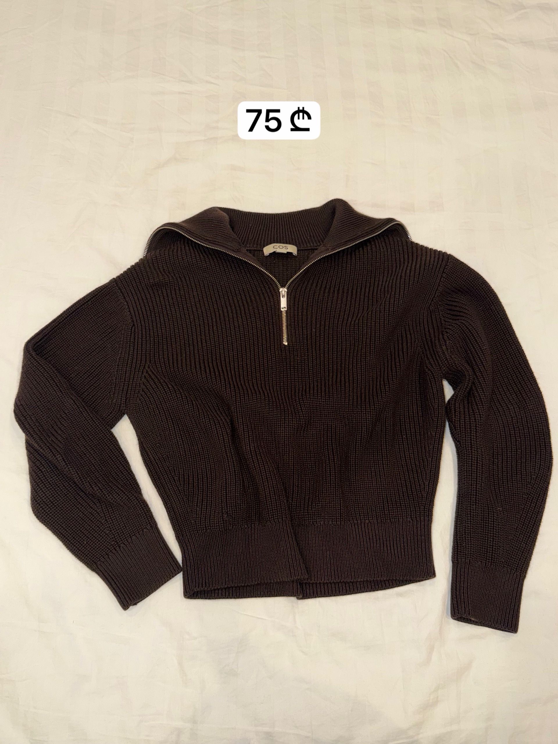 Brown Ribbed Knit Quarter-Zip Sweater