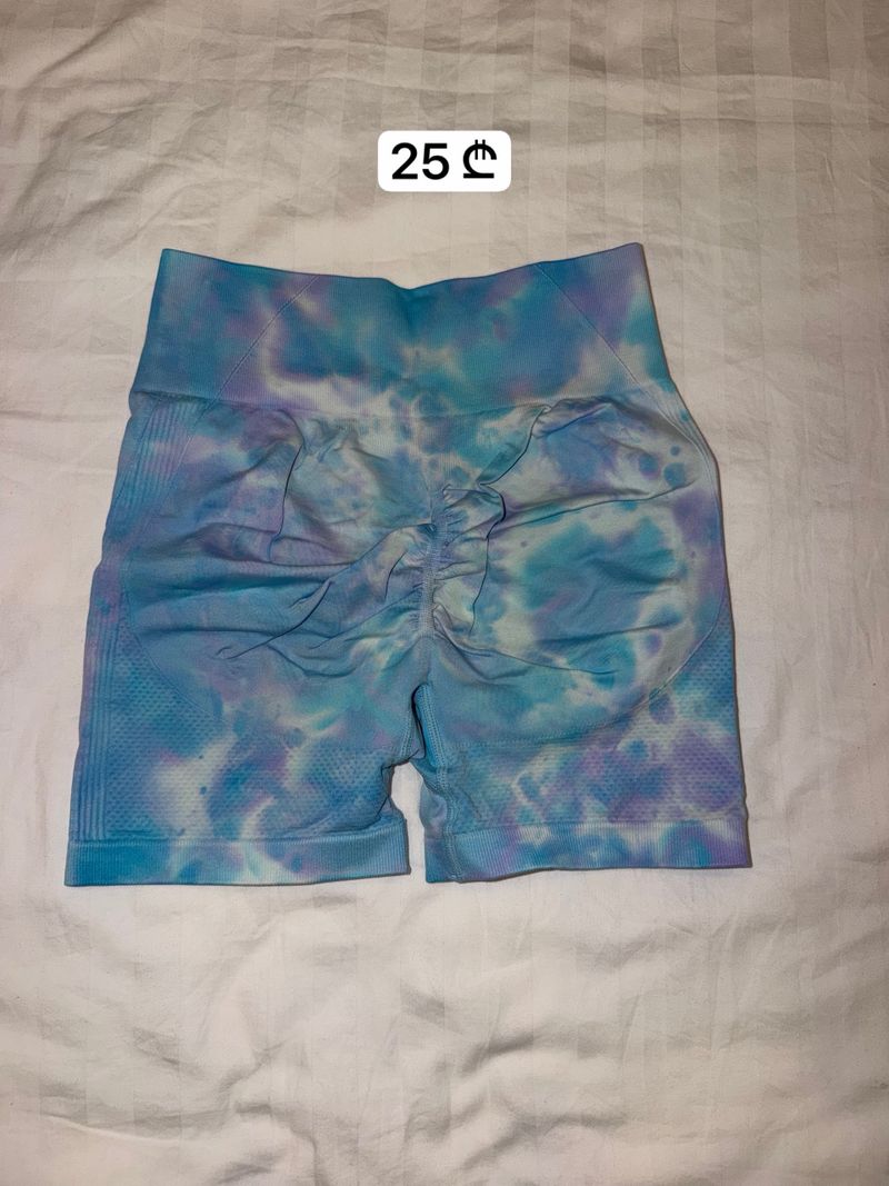 Blue Purple Tie-Dye Ruched Sport Shorts
