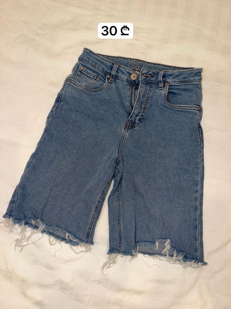 Blue Denim Frayed Hem Shorts