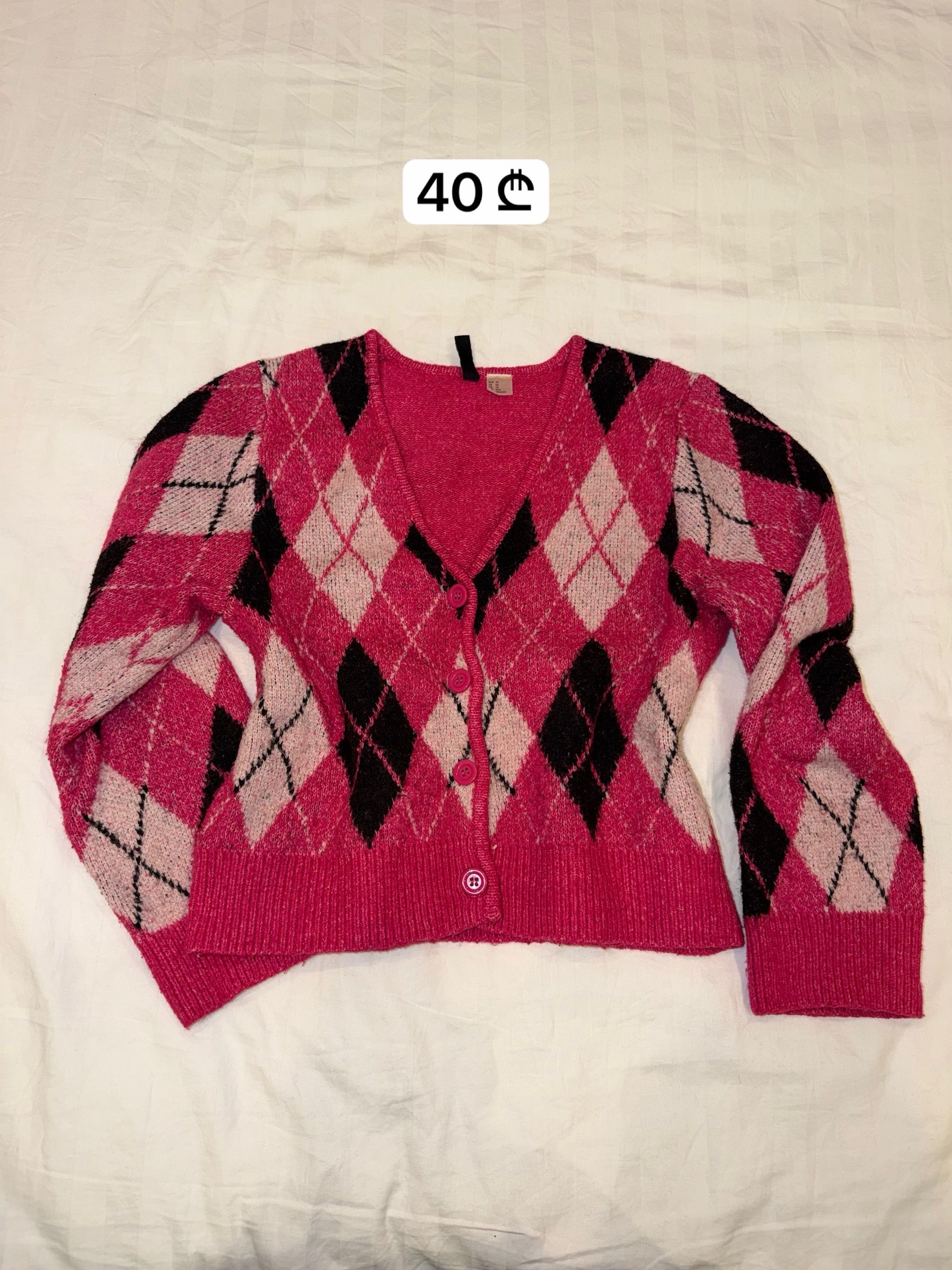 Pink Argyle V-Neck Cardigan