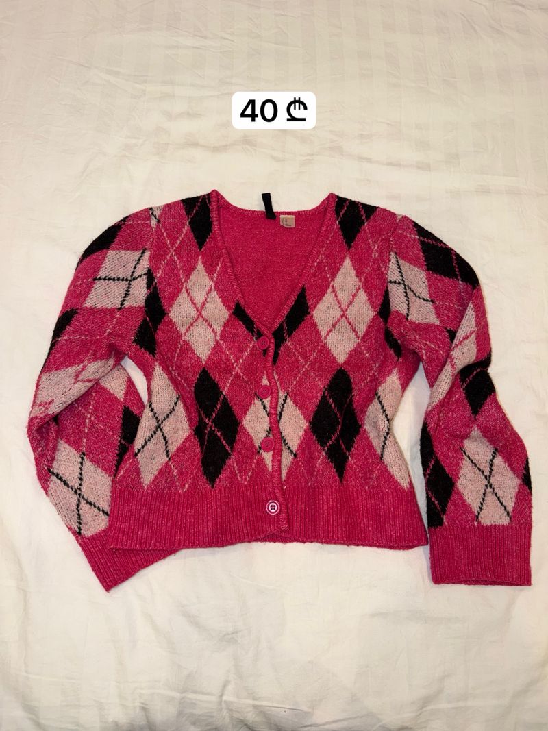 Pink Argyle V-Neck Cardigan