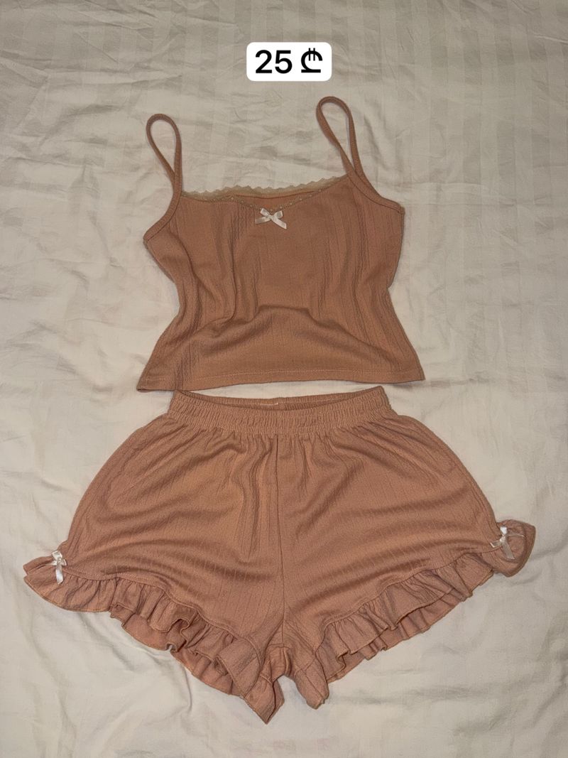 Pink Ribbed Camisole and Shorts Pajama Set