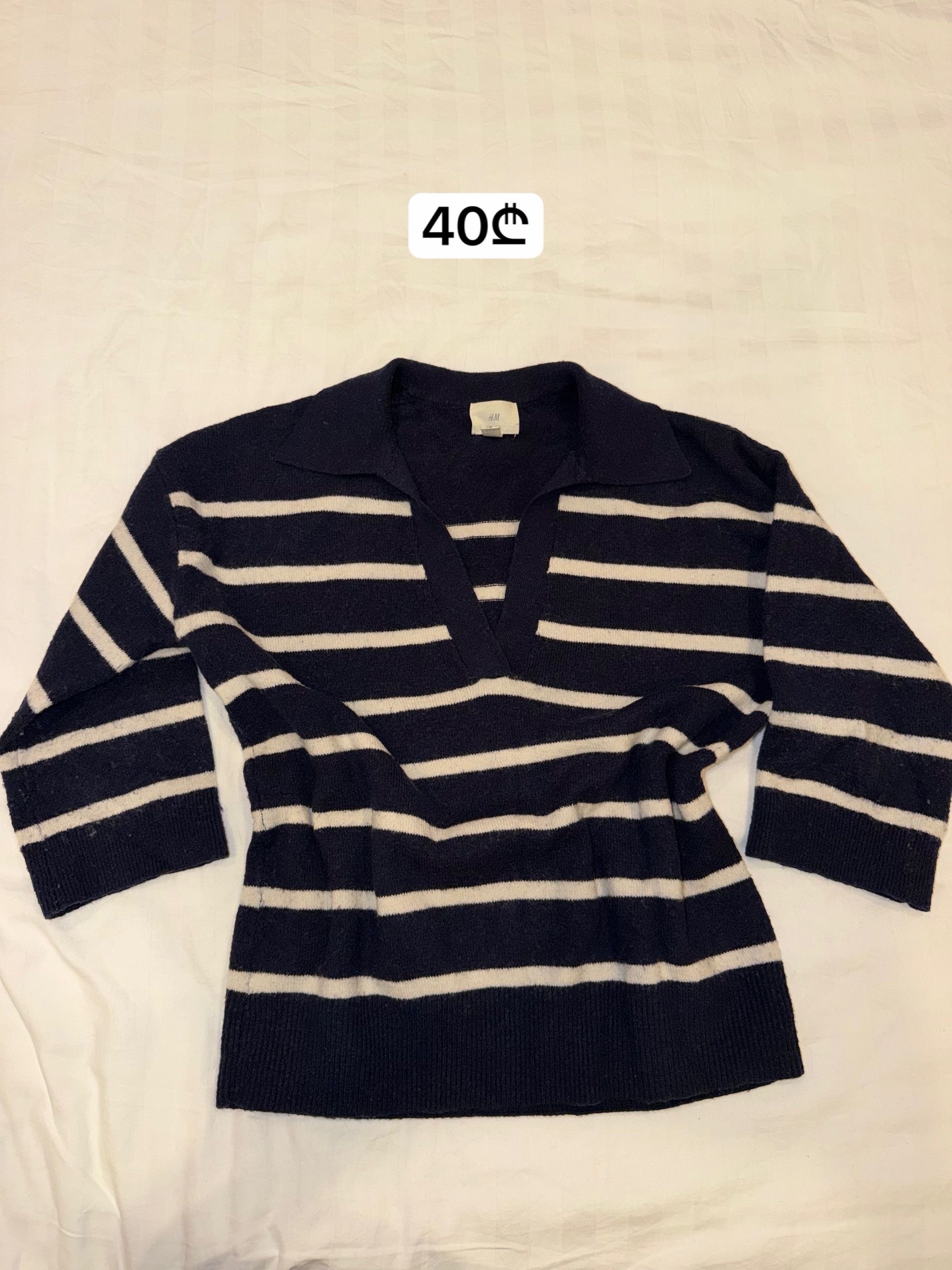 Navy and White Striped V-Neck Sweater