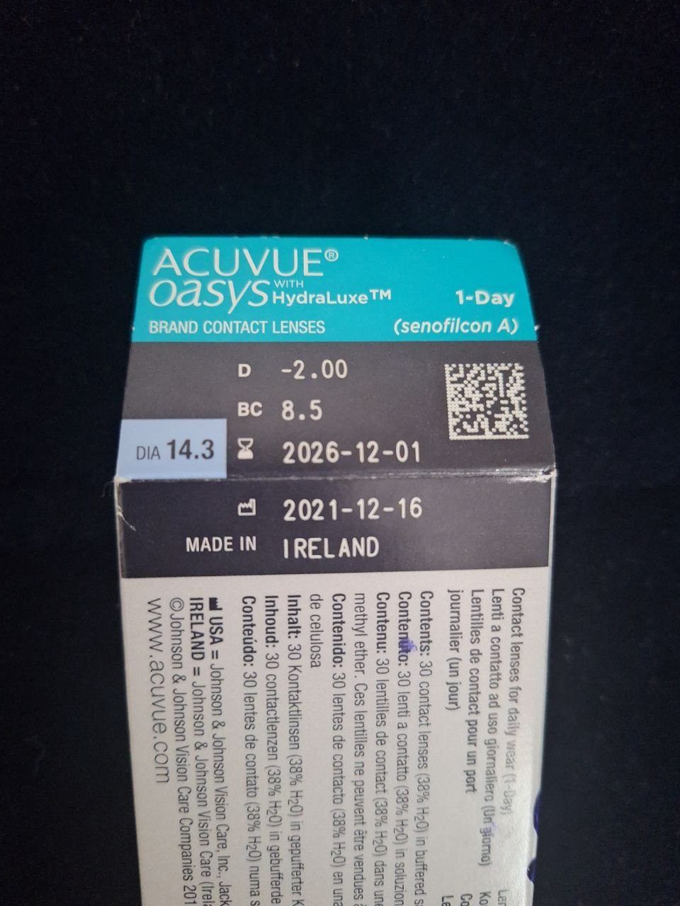 1. Acuvue Oasys линзы. не хватает 2 штук. Всего  28 шт. -2. 00. Годны до 01.12.2