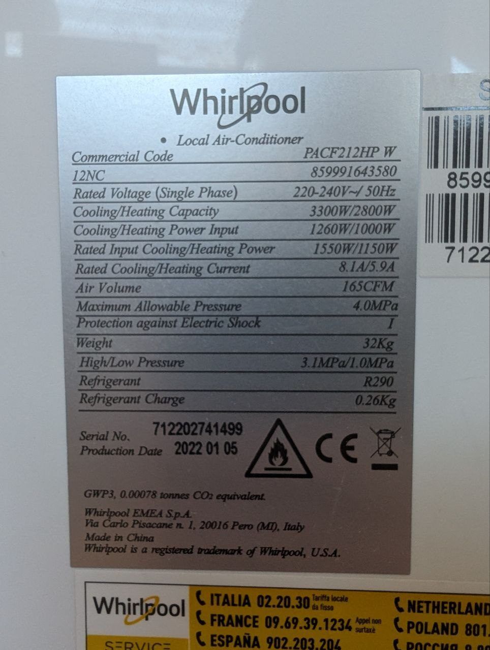 Передвижной кондиционер Whirlpool, 12000 BTU