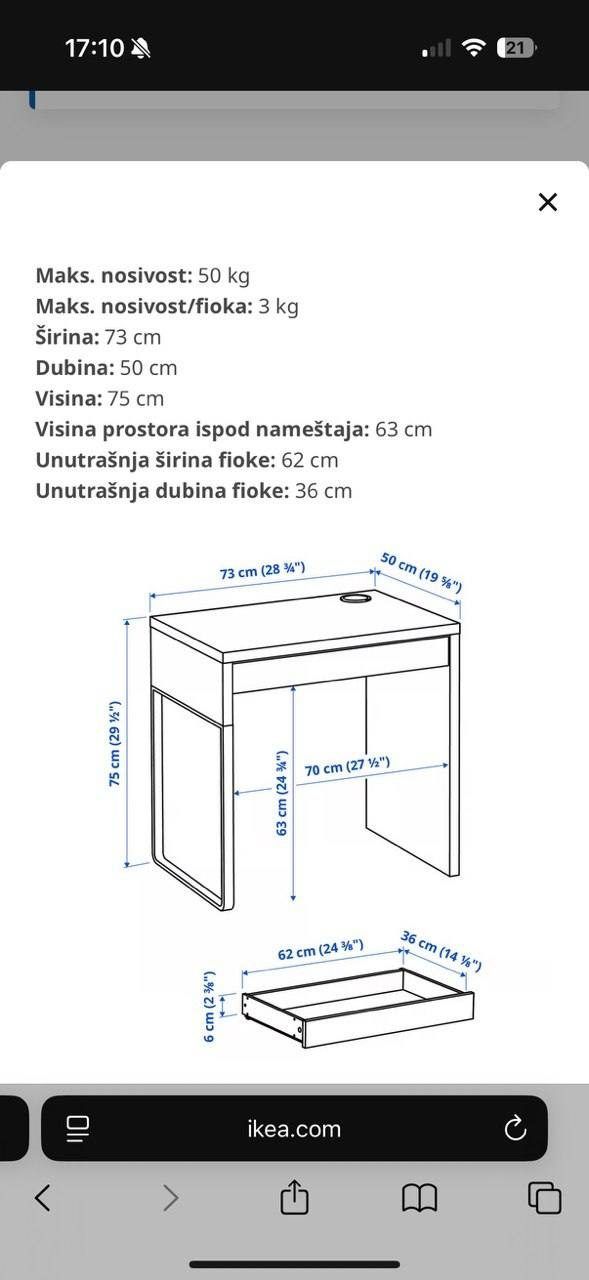 Письменный стол Ikea, 73х50х75 см